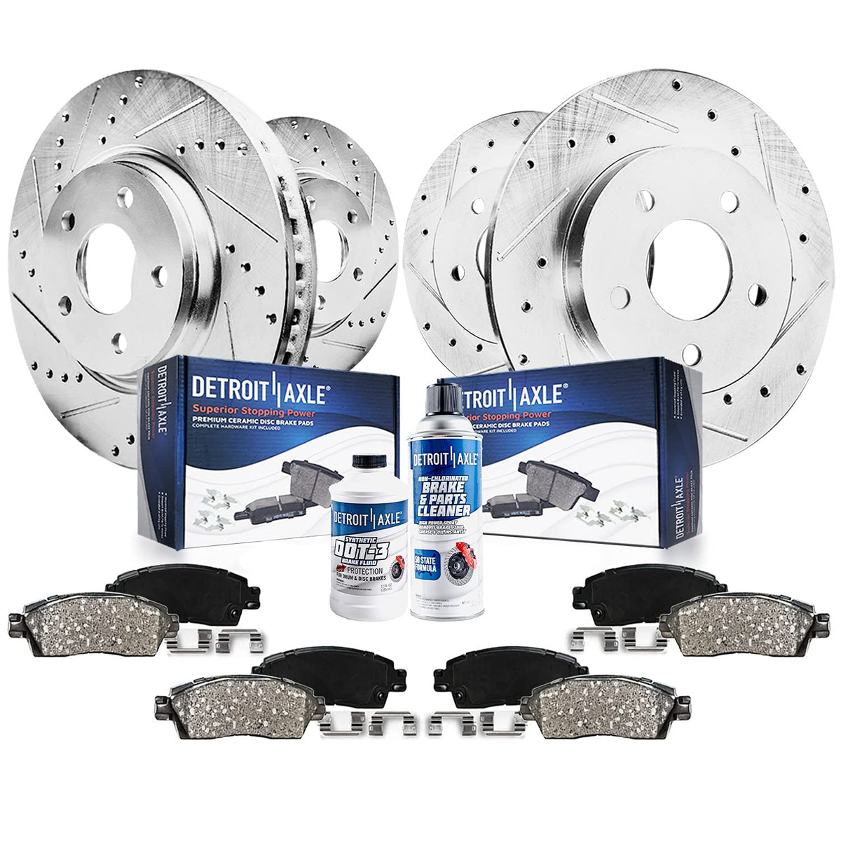 Detroit Axle - Brake Kit for 2.0L 2004-2005 Mazda 3 Drilled & Slotted Disc Brake Rotors Ceramic Brakes Pads Front & Rear Replace
